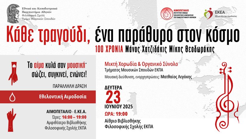 Συναυλία της Μικτής Χορωδίας και Οργανικού Συνόλου του Τμήματος Μουσικών Σπουδών του ΕΚΠΑ – Εθελοντική Αιμοδοσία